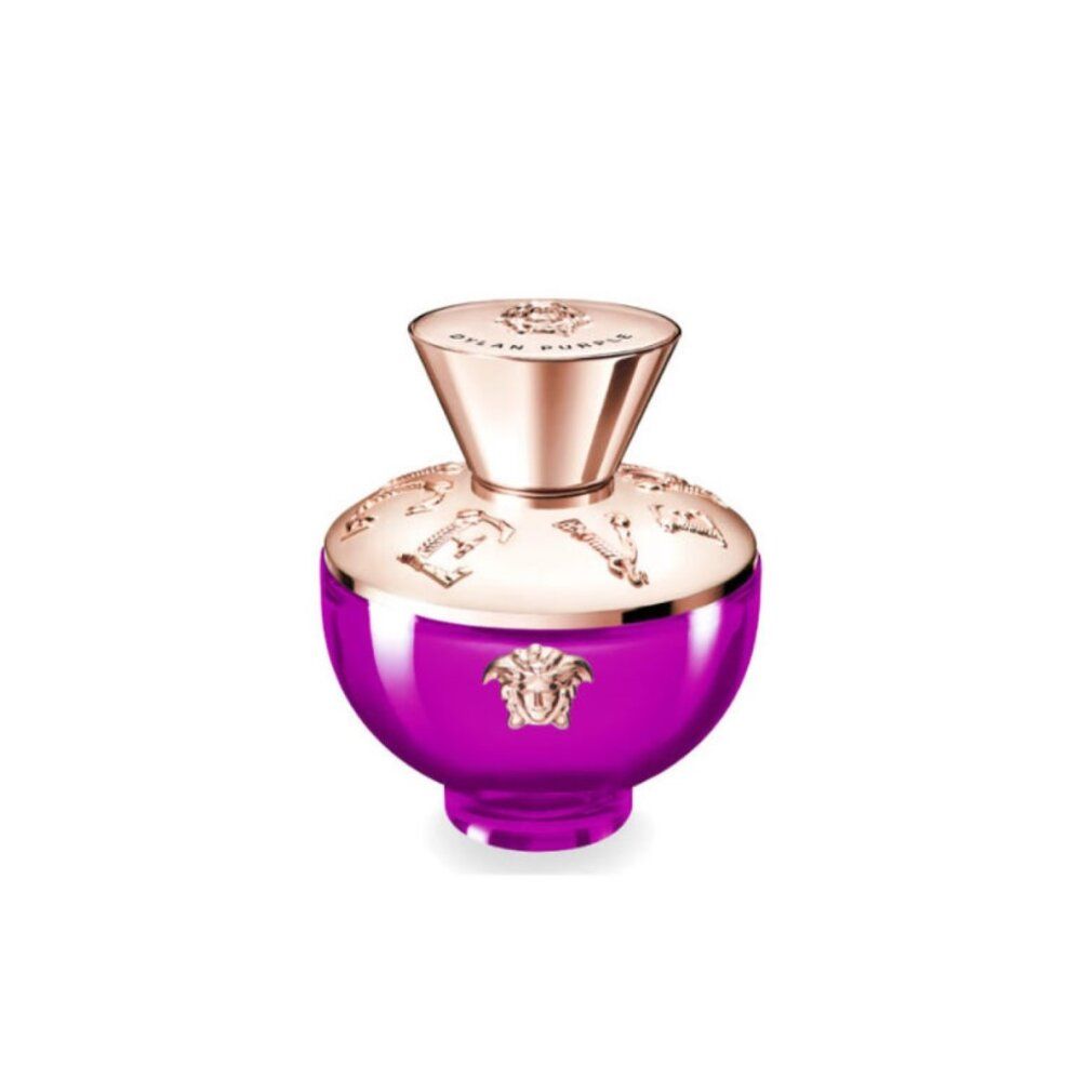 Flacone rotondo viola con tappo dorato. Logo Versace e scritta. Dylan Purple Eau de Parfum.