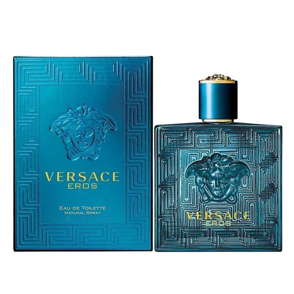 Flacone e confezione turchese Versace Eros. Flacone con logo Medusa e motivo geometrico. Confezione con logo.