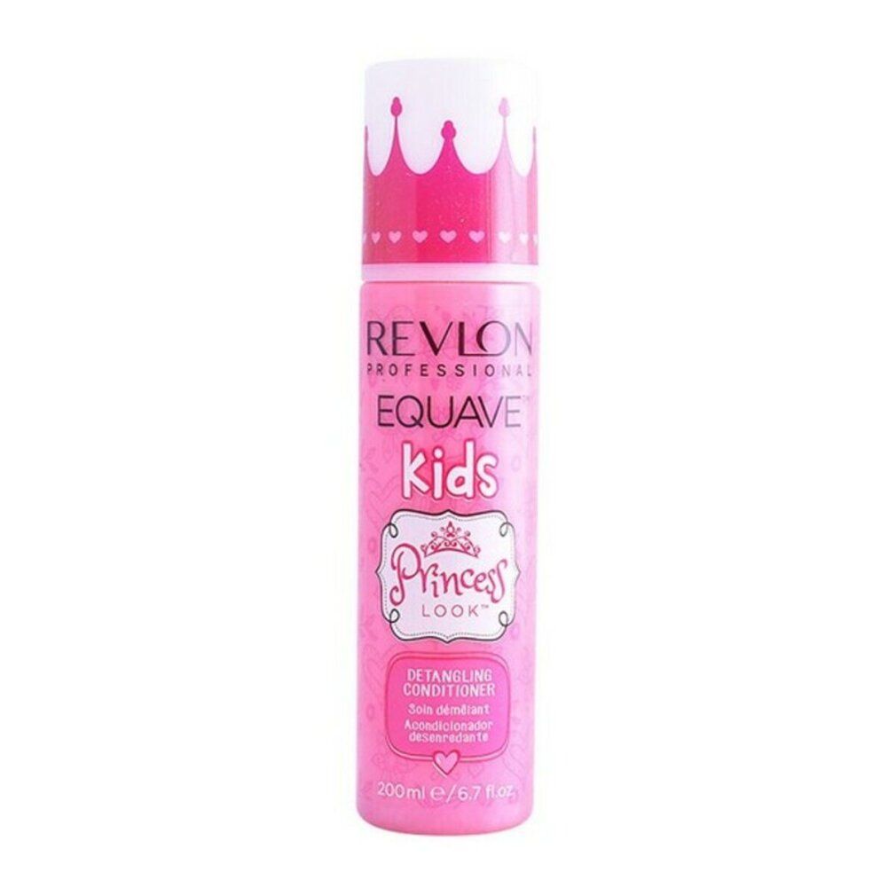 Flacone rosa con tappo bianco. Scritta: Revlon Equave Kids Princess Look Conditioner. 200ml.