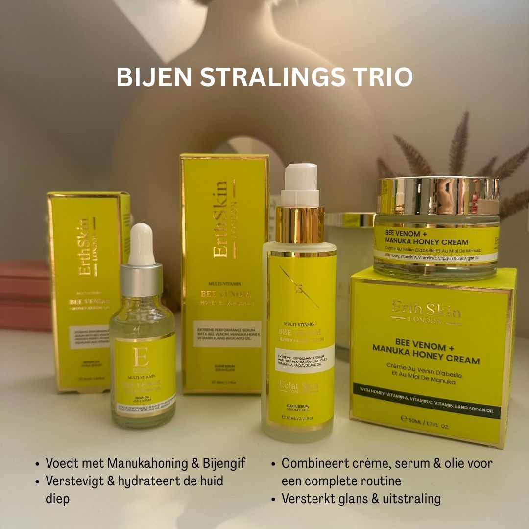Trio ErthSkin con siero, crema e olio. Confezione gialla con testo. Prodotti posizionati su scatole gialle.
