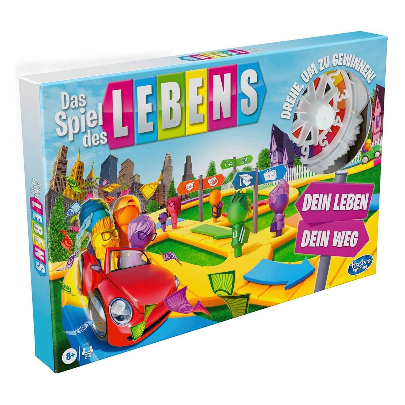 Scatola del gioco "Das Spiel des Lebens". Mostra un'auto rossa e personaggi su un percorso.