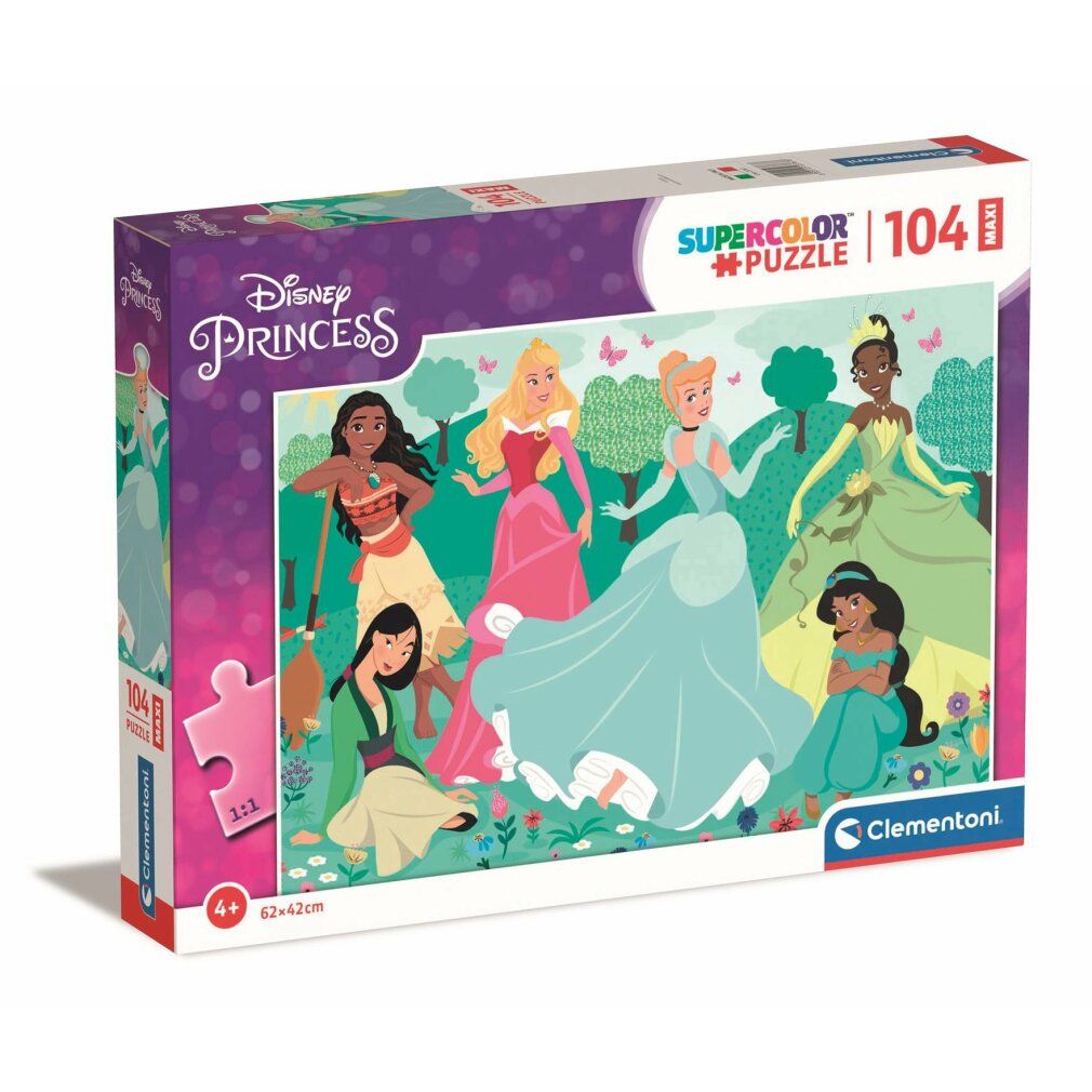 Clementoni Puzzle Disney Princess, 104 pezzi. Confezione con motivo puzzle. Età consigliata: 4+. Dimensioni: 62x42cm.