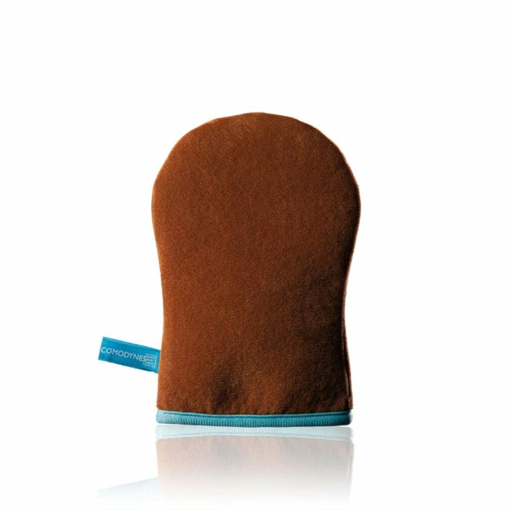 Guanto applicatore abbronzante marrone. Etichetta blu con logo. Orlo azzurro chiaro. Su sfondo bianco.