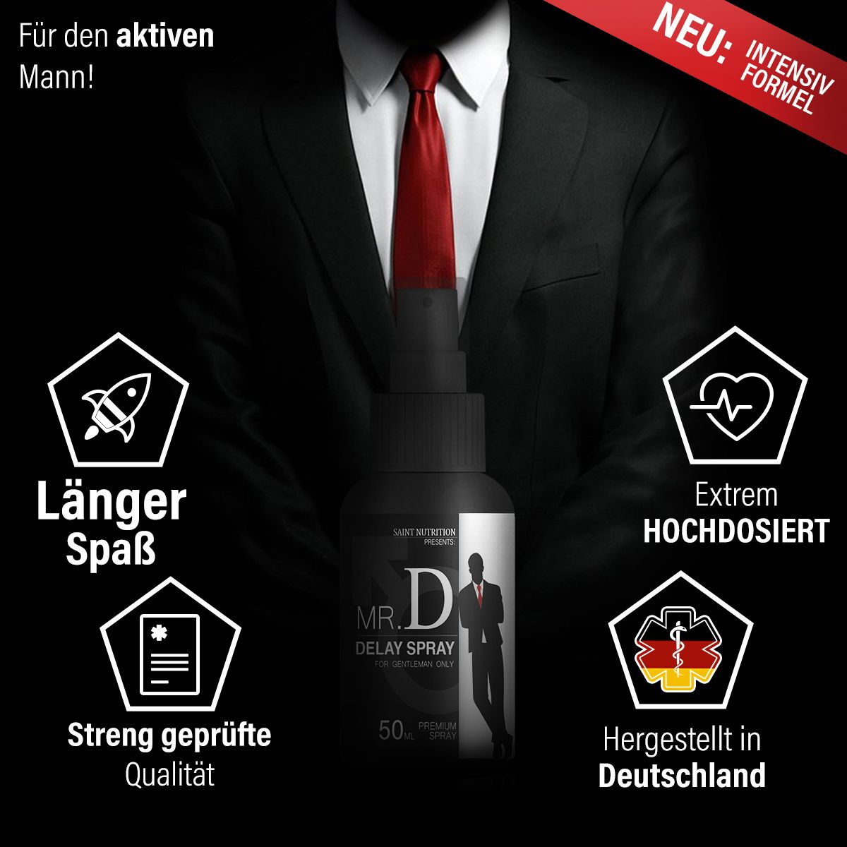 Flacone spray nero con banner rosso: NUOVO: FORMULA INTENSA. Grafici: razzo, cuore, qualità, bandiera tedesca.