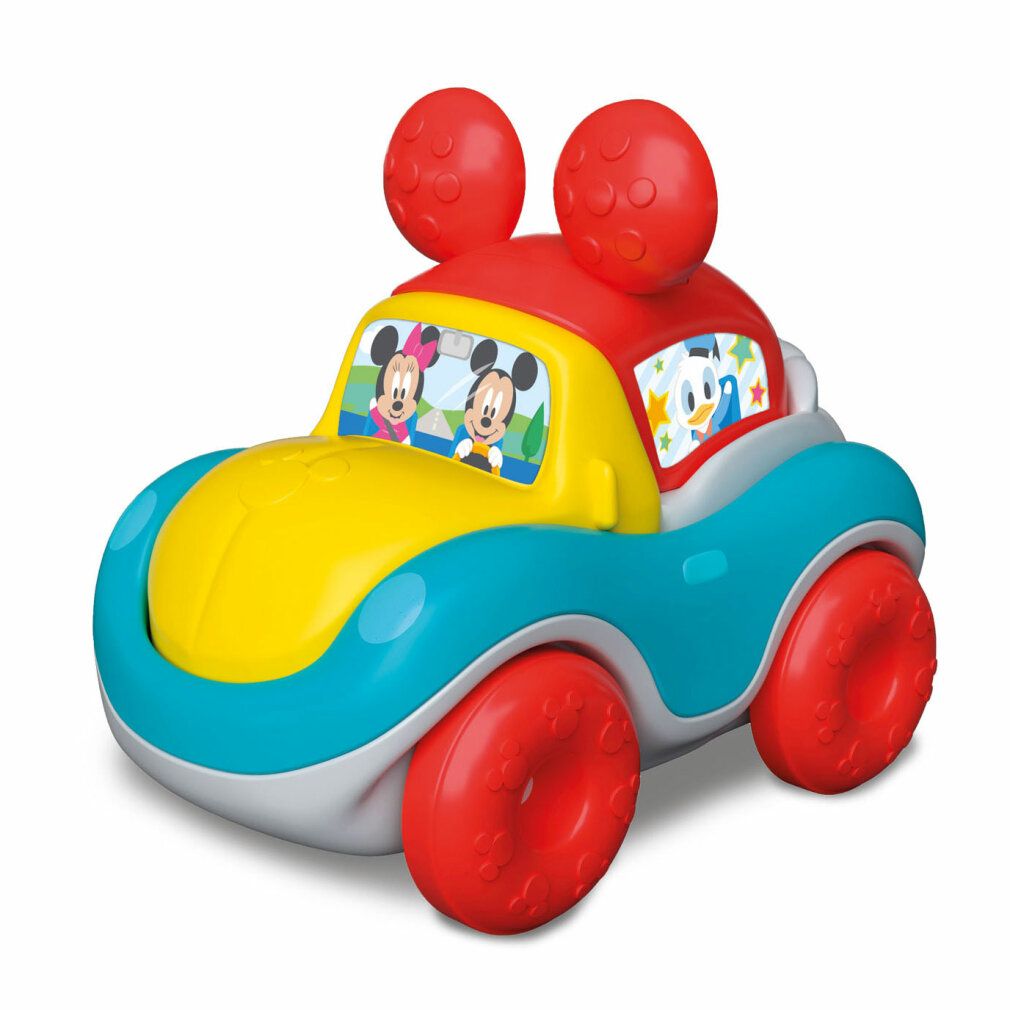 Macchinina giocattolo blu, gialla e rossa con tema Mickey Mouse. Ruote e orecchie rosse. Finestrini con personaggi.