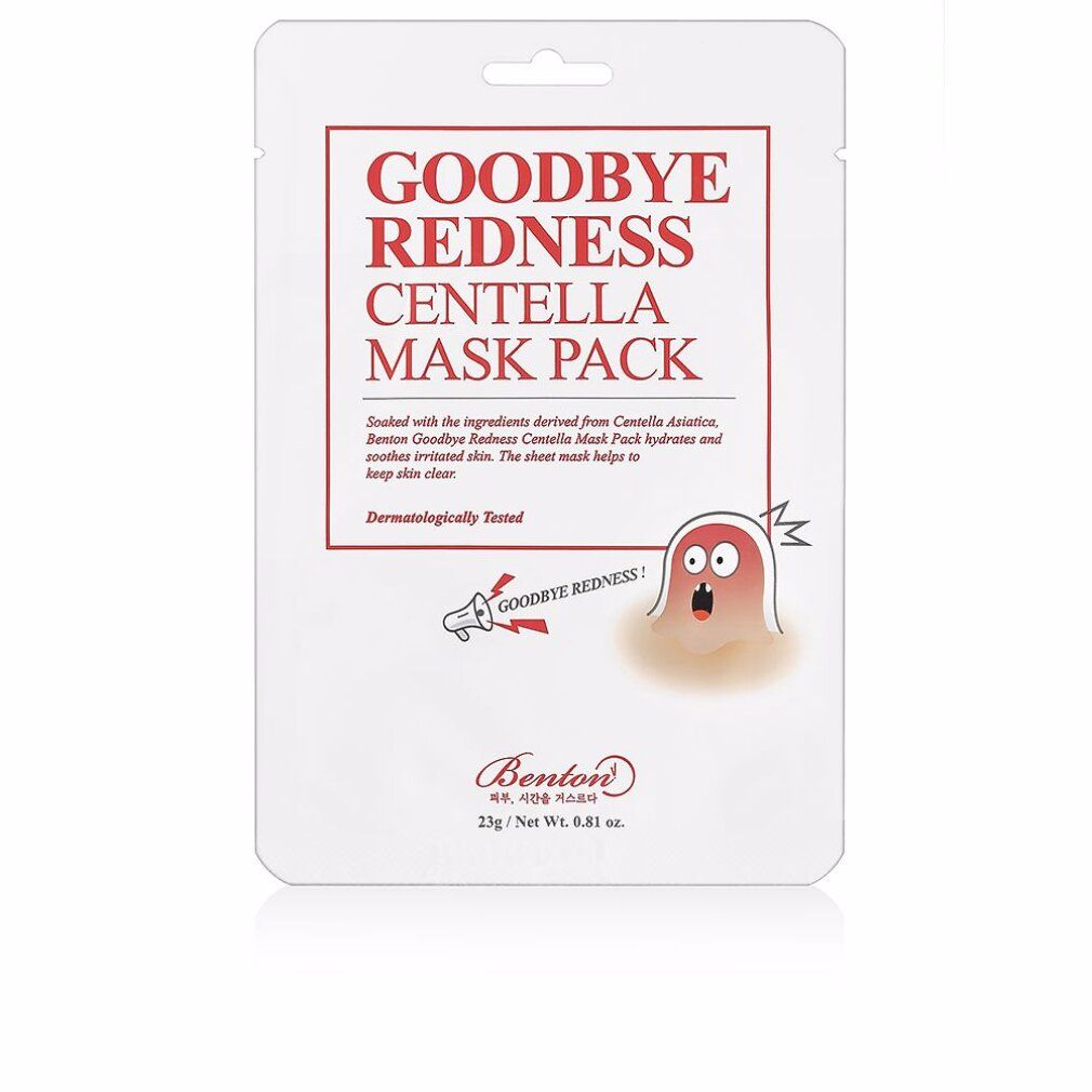 Confezione bianca con testo rosso: Goodbye Redness Centella Mask Pack. Illustrazione e logo.