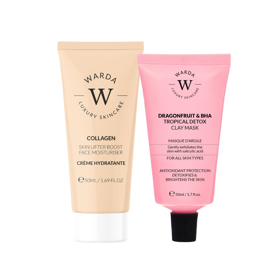 Due tubi di prodotti Warda Skincare. A sinistra: crema, a destra: maschera. Scritta e logo. 50ml.