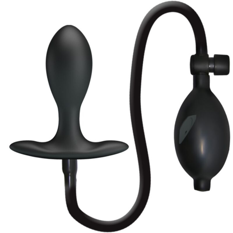 Plug anale gonfiabile nero con pompa e tubo, isolato su sfondo bianco.