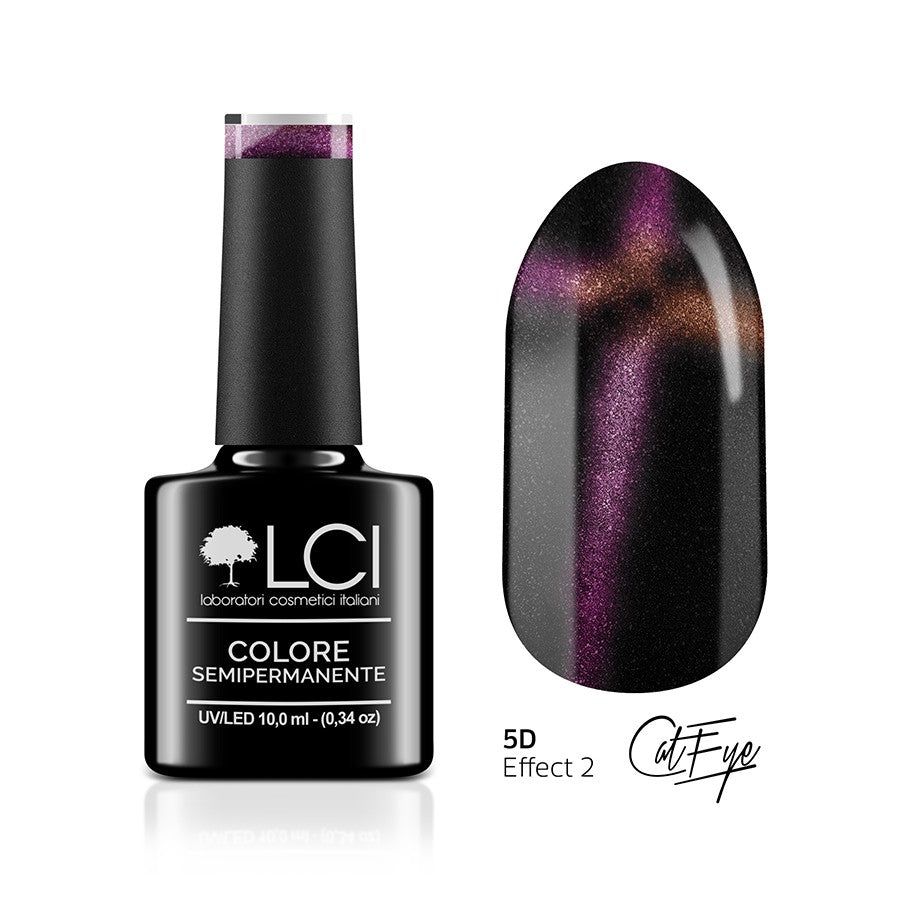 Flacone di smalto con tappo nero e motivo smalto. Scritta: LCI, COLORE SEMIPERMANENTE, UVLED.