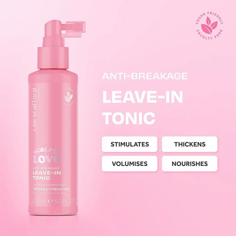 Flacone rosa con erogatore spray. Scritta: Scalp Love Leave-in Tonic. Anti-Breakage. Marchio: Lee Stafford. Logo vegan. Caselle: Stimola, ispessisce.