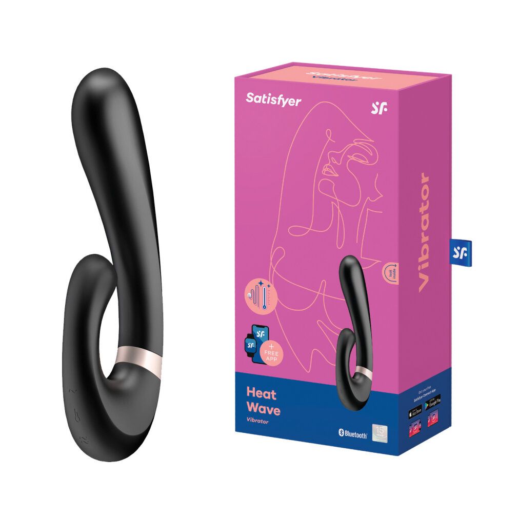 Vibratore nero con confezione. Confezione con immagine del prodotto, scritta "Satisfyer", "Heat Wave" e logo app.