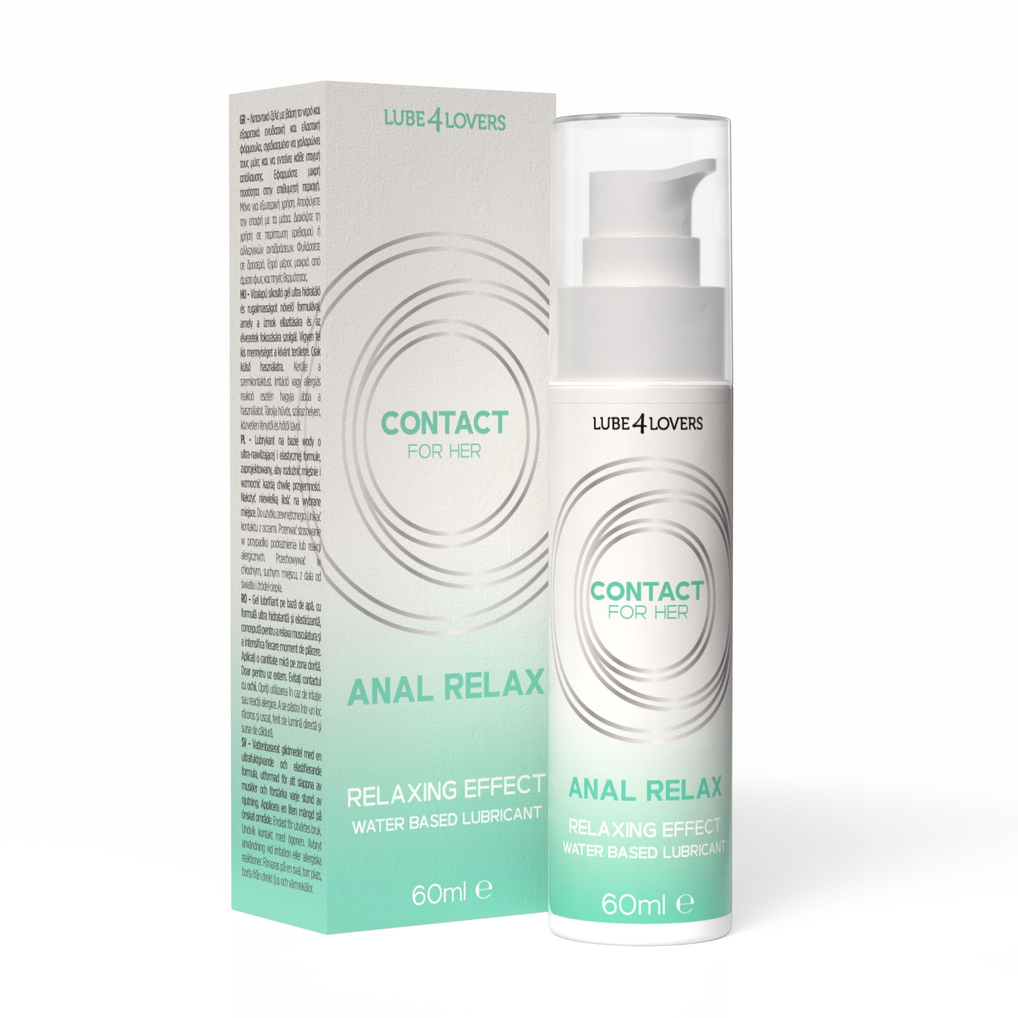 Flacone e confezione con scritta "CONTACT FOR HER ANAL RELAX". Lubrificante a base d'acqua. 60ml.