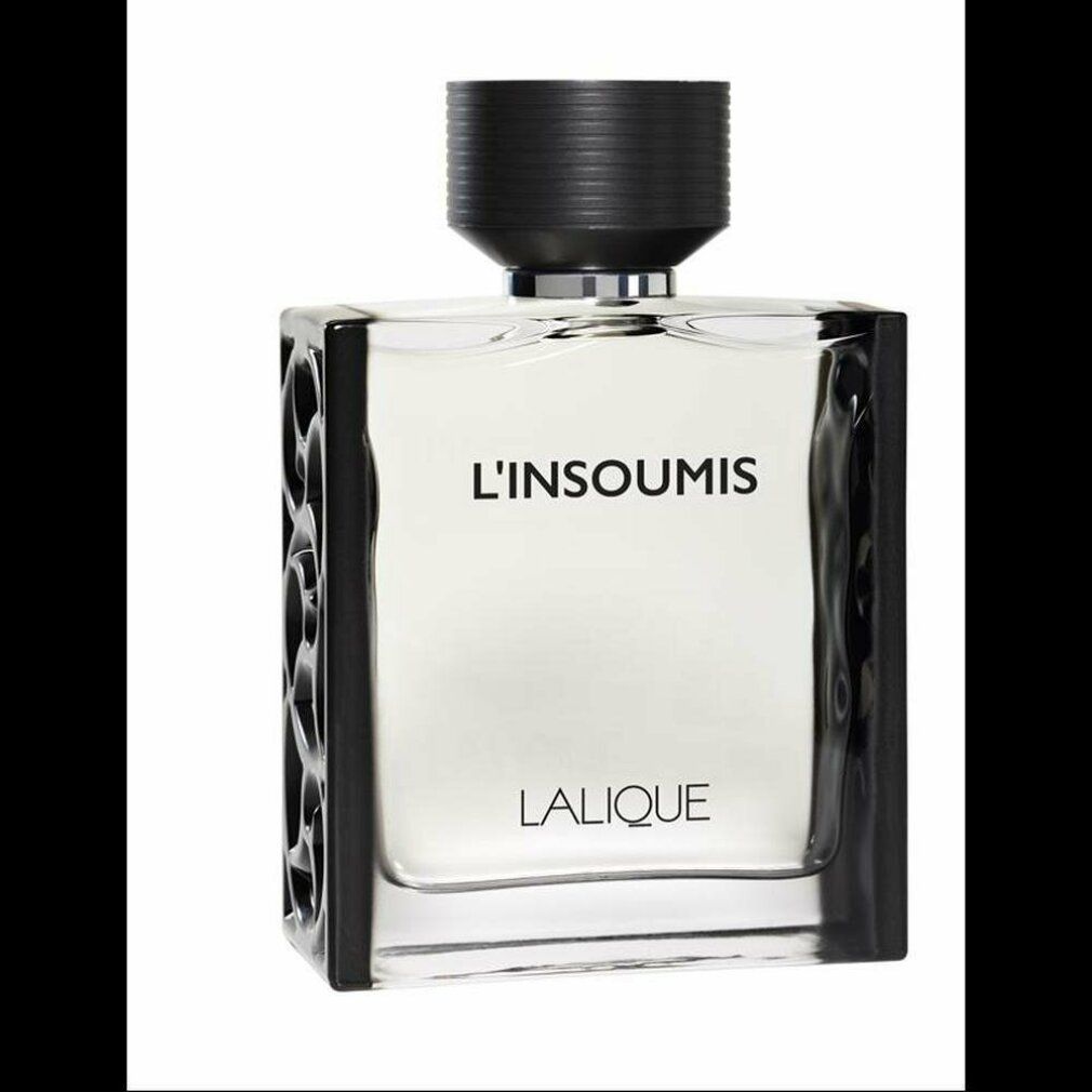 Flacone rettangolare con tappo nero. Scritta: L'INSOUMIS, LALIQUE. Decorazioni nere sui lati.