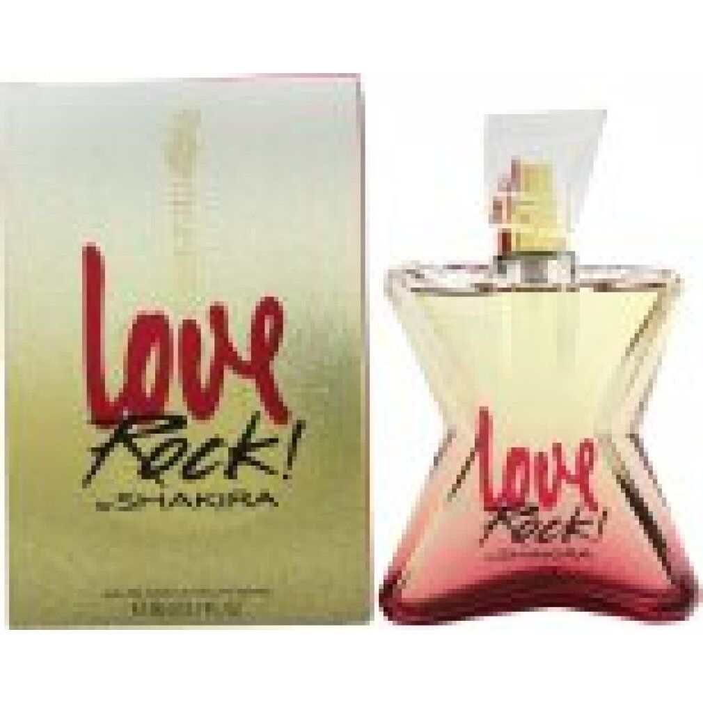Spray Eau de Toilette e confezione. Flacone a forma di chitarra, rosa-giallo. Scritta: Love Rock! by Shakira.