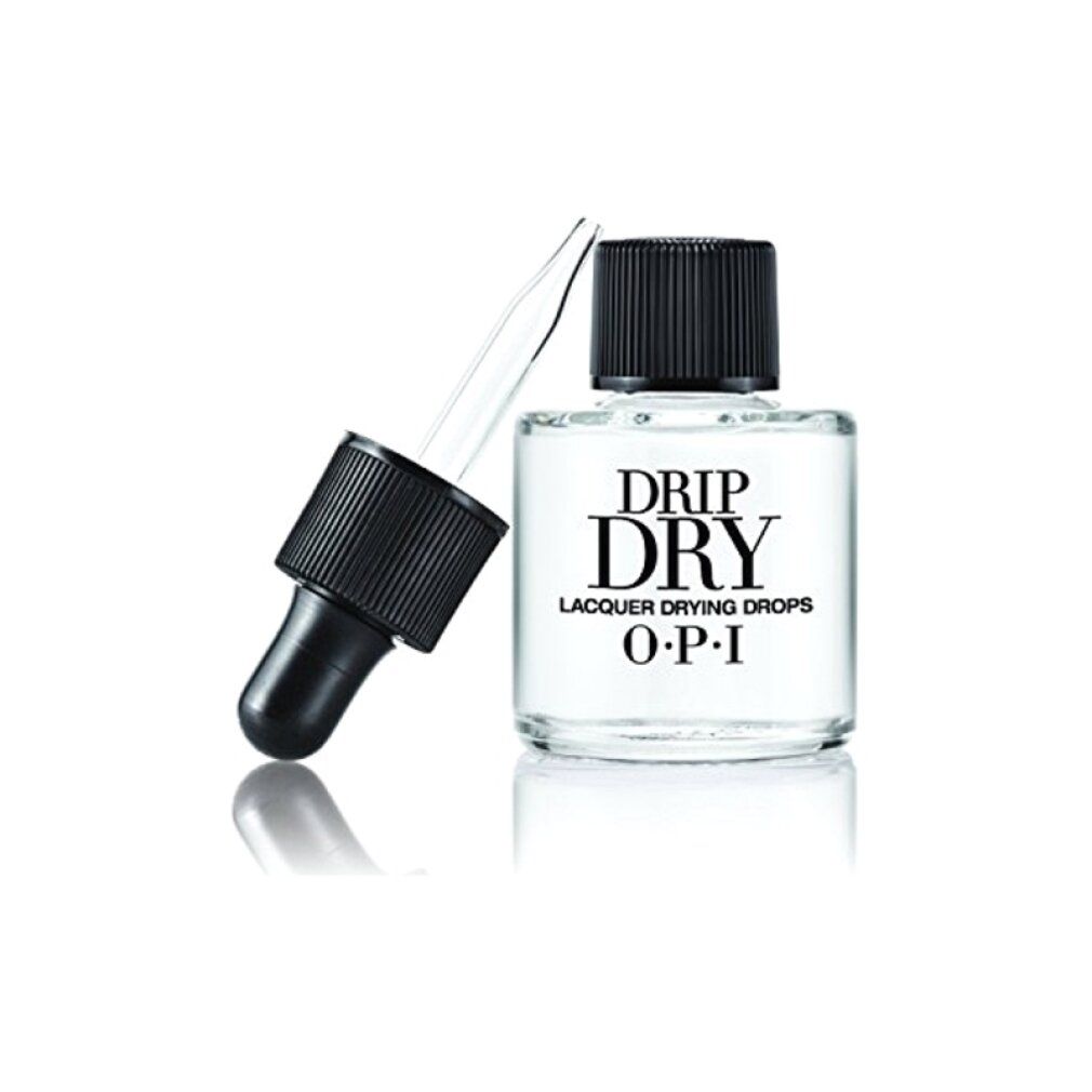 Flacone OPI Drip Dry Lacquer Drying Drops con pipetta. Bottiglia di vetro con tappo nero e pipetta. Testo: Drip Dry, Lacquer Drying Drops, OPI.