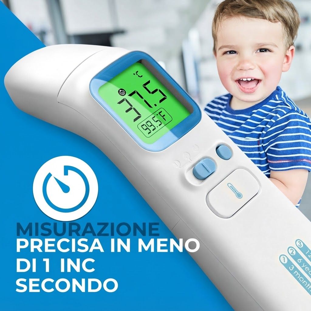Primo piano di un termometro senza contatto con display verde che mostra 37,5°C, con un bambino sullo sfondo.