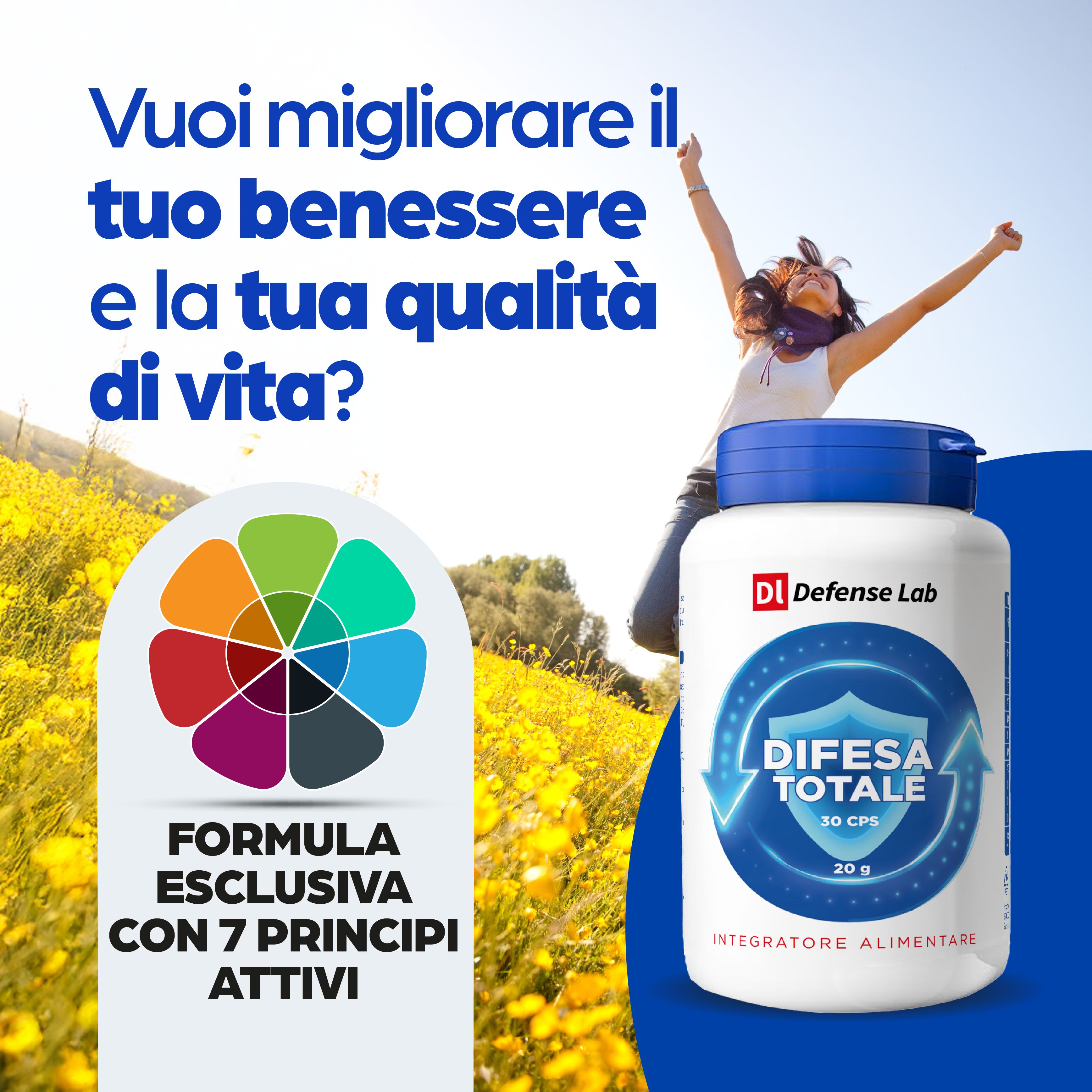 Flacone bianco con tappo blu. Logo: Defense Lab. Testo: Difesa Totale, 20g, 30 cps. Formula con 7 principi attivi. Donna nel campo.