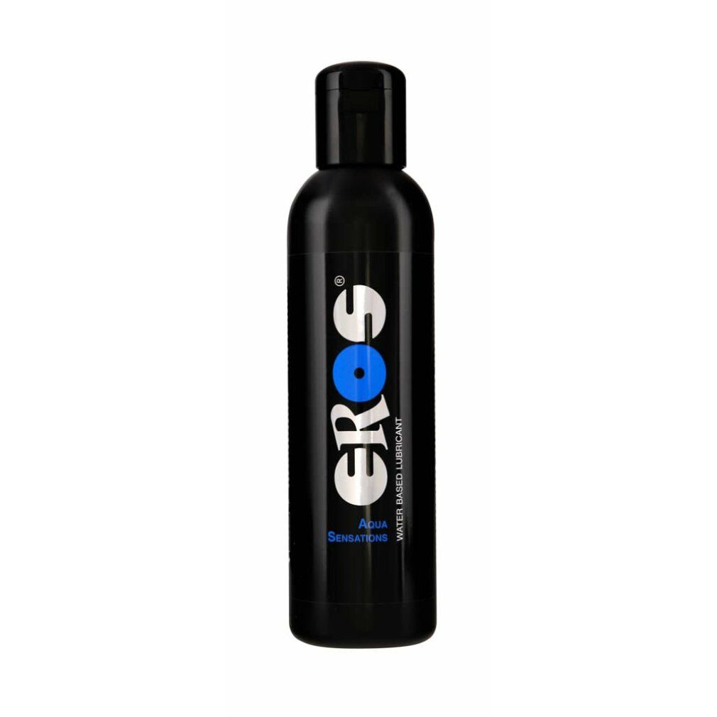 Flacone nero con tappo a ribalta. Scritta EROS, Aqua Sensations e Water Based Lubricant.