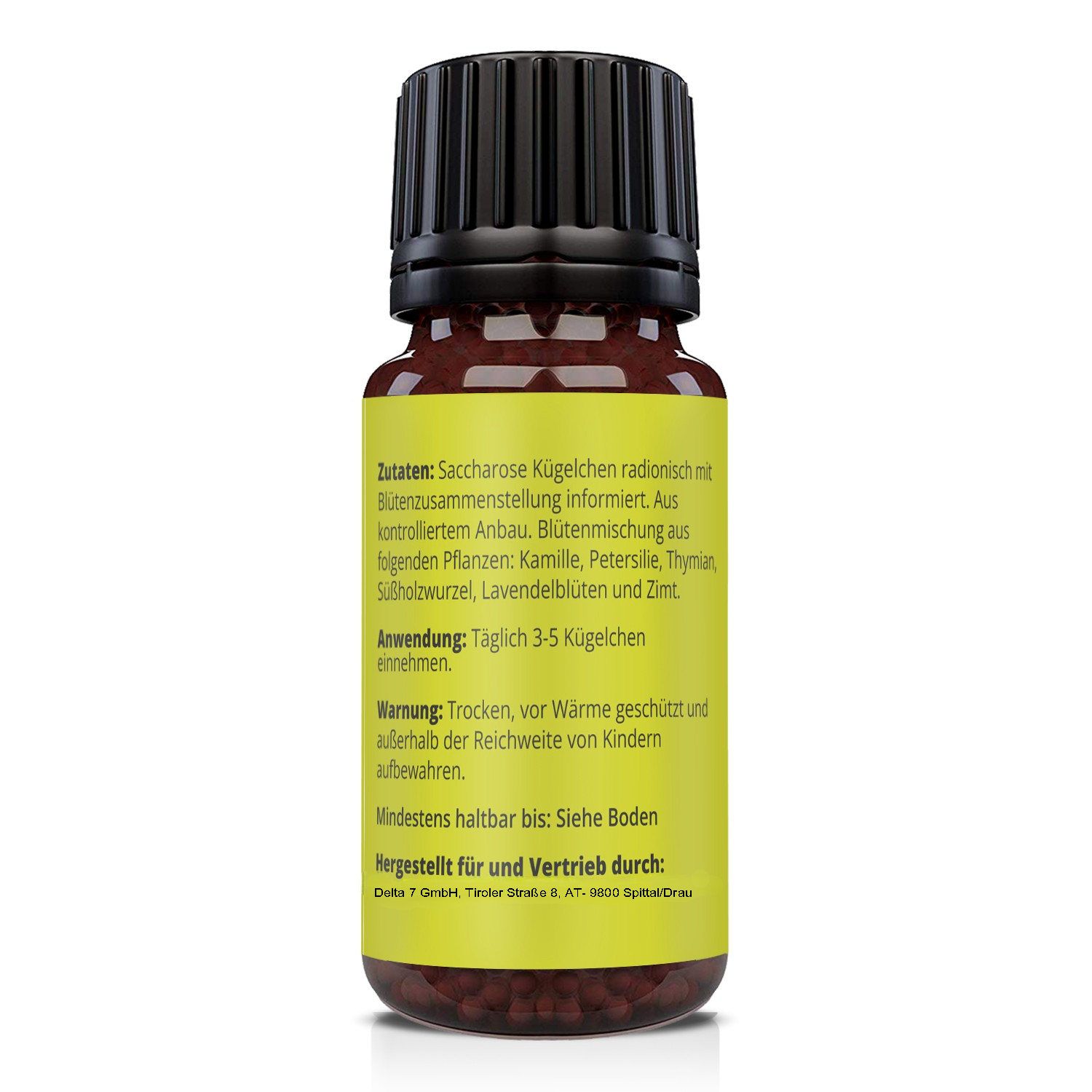 Flacone marrone con etichetta gialla. Testo: Ingredienti, applicazione, avvertenza. Vista posteriore.