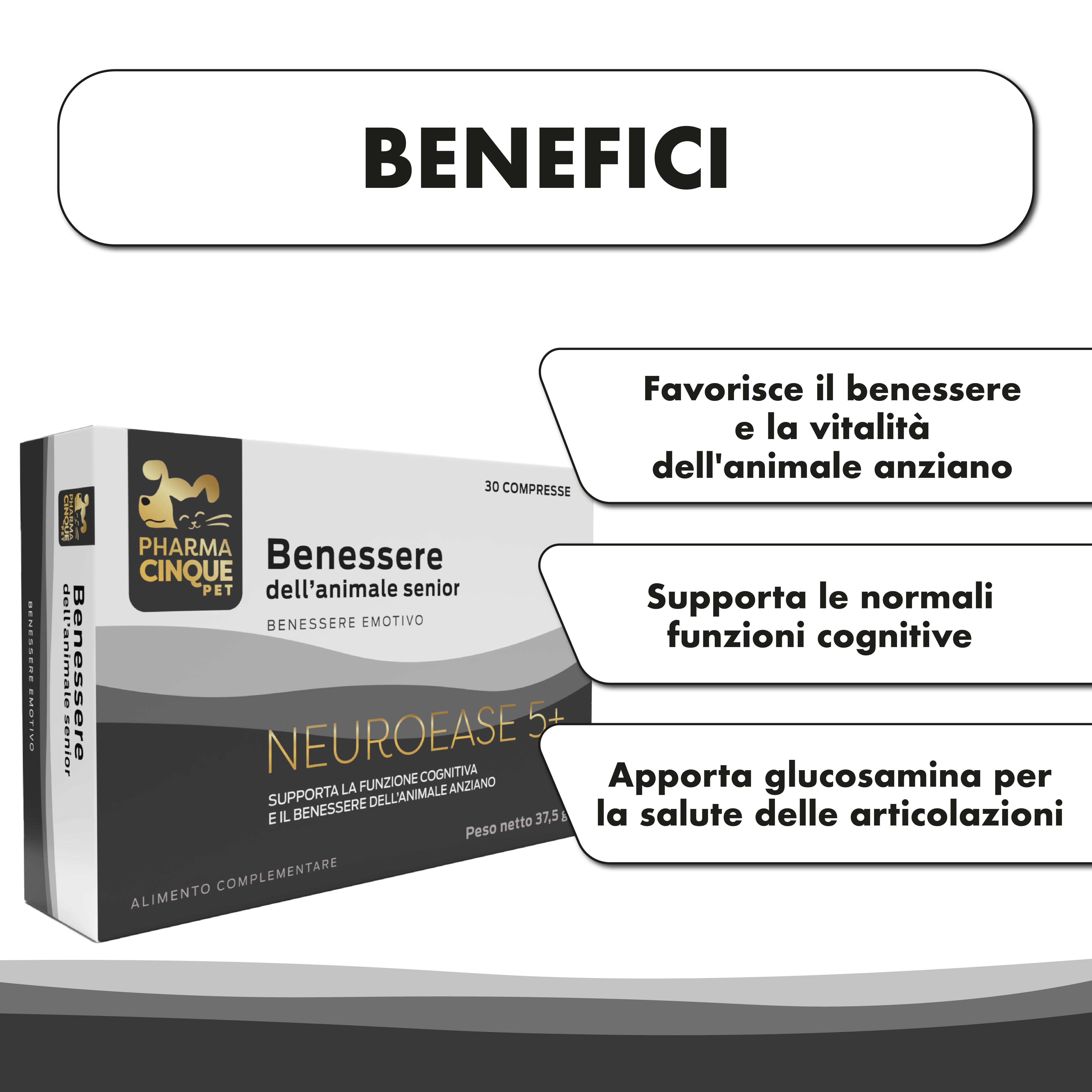Scatola di NEUROEASE 5+ per cani e gatti anziani. Testo: Benefici, favorisce il benessere, supporta le funzioni cognitive, fornisce glucosamina.
