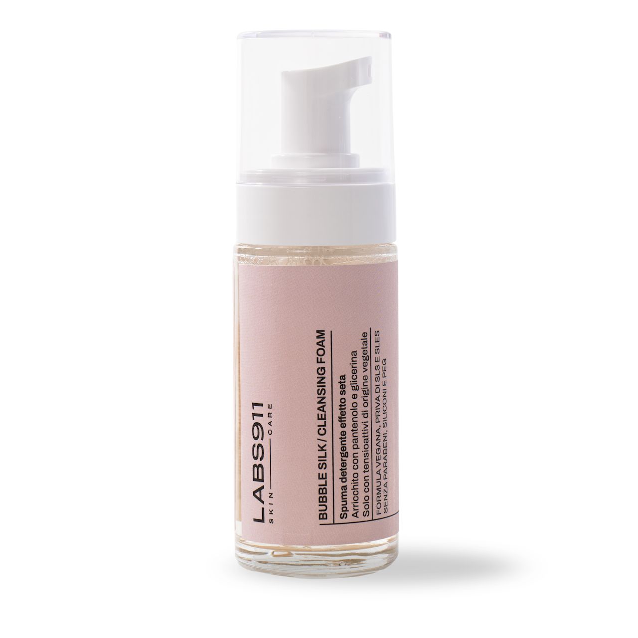 Flacone rosa. LABS911 Skin Care Bubble Silk Cleansing Foam. Con pompa e testo.