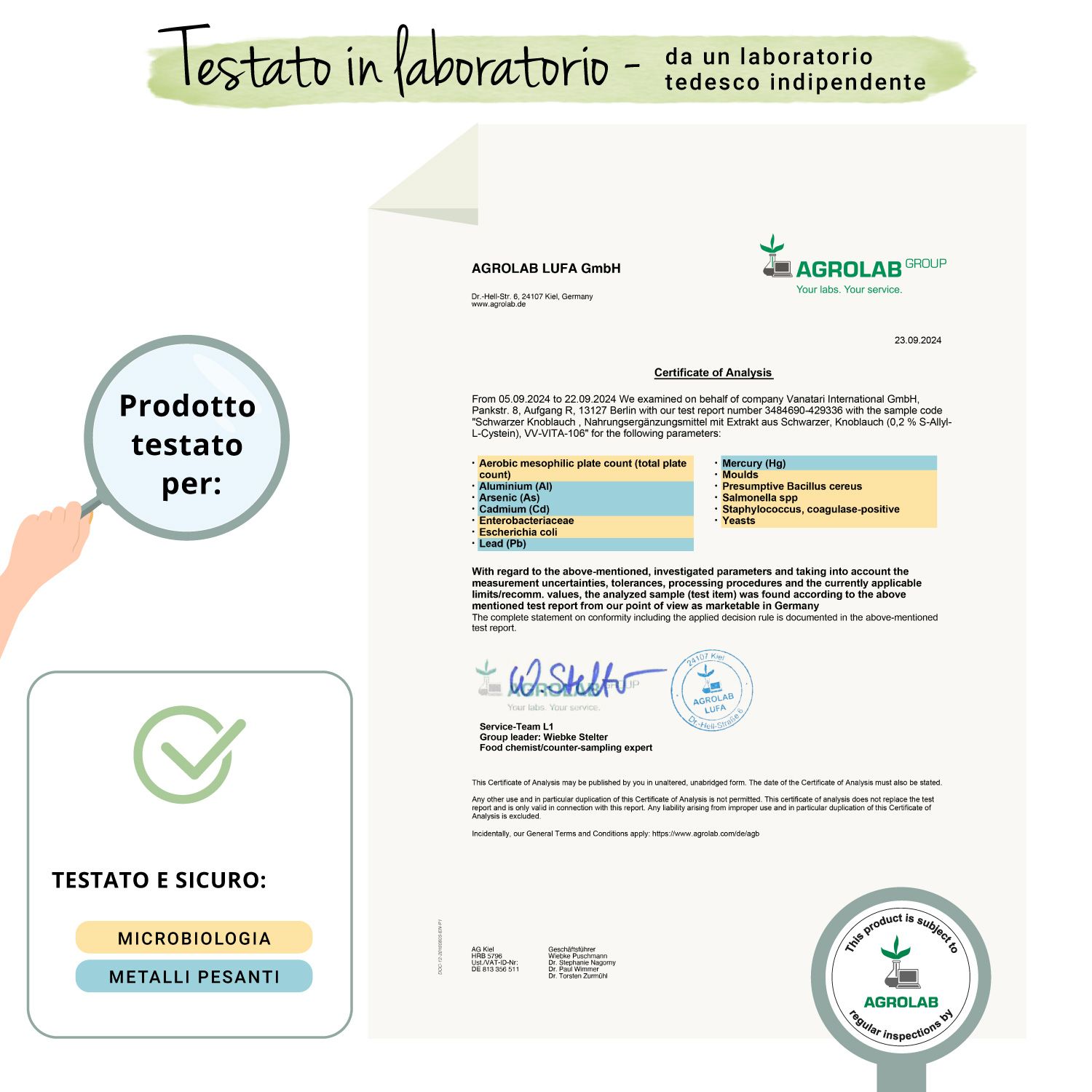 Certificato di Agrolab. Testato e conforme: Microbiologia (metalli pesanti).