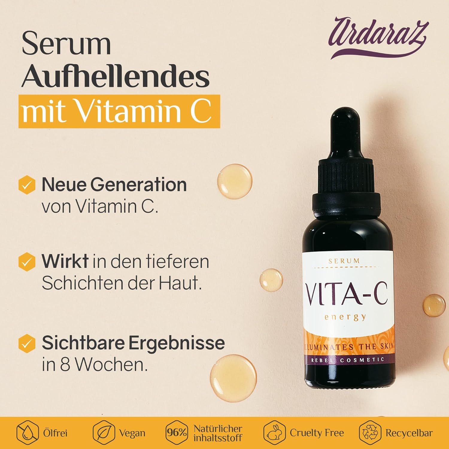 Flacone di siero con contagocce. Testo: Siero schiarente con vitamina C. Vegano, senza olio, 96% di ingredienti naturali.