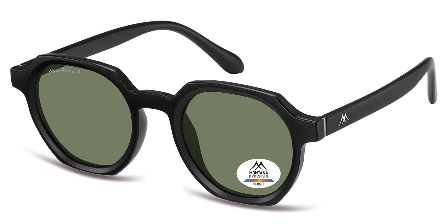Occhiali da sole neri, vista laterale. Lenti rotonde, montatura nera. Logo Montana Eyewear sull'asta e adesivo di polarizzazione.