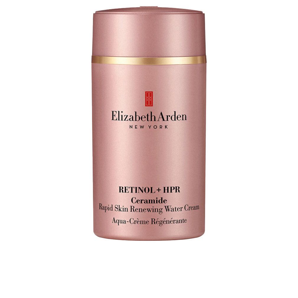 Confezione crema rosa con dettagli dorati. Testo: Elizabeth Arden, Retinol + HPR Ceramide, Aqua-Crème Régénérante.
