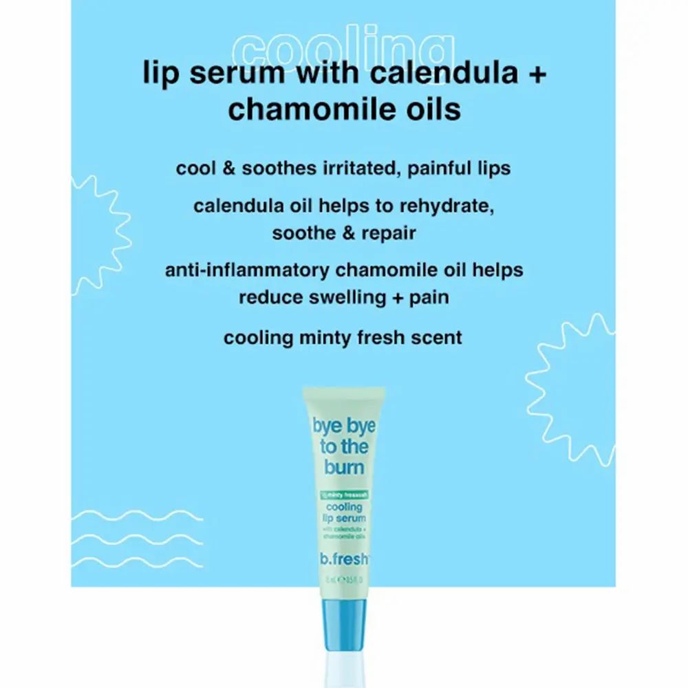 Testo su sfondo blu: "lip serum with calendula + chamomile oils". Contiene informazioni sul prodotto.