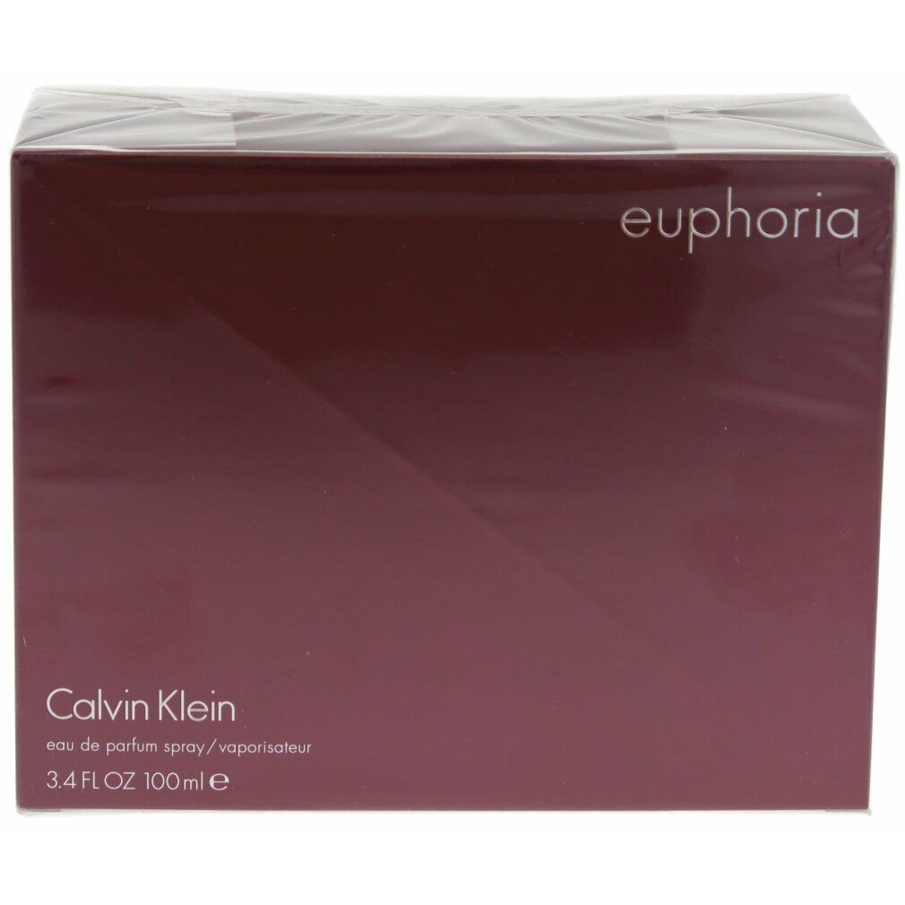 Confezione bordeaux con scritta: euphoria. Marchio: Calvin Klein. 3.4 FL.OZ 100 ml e.