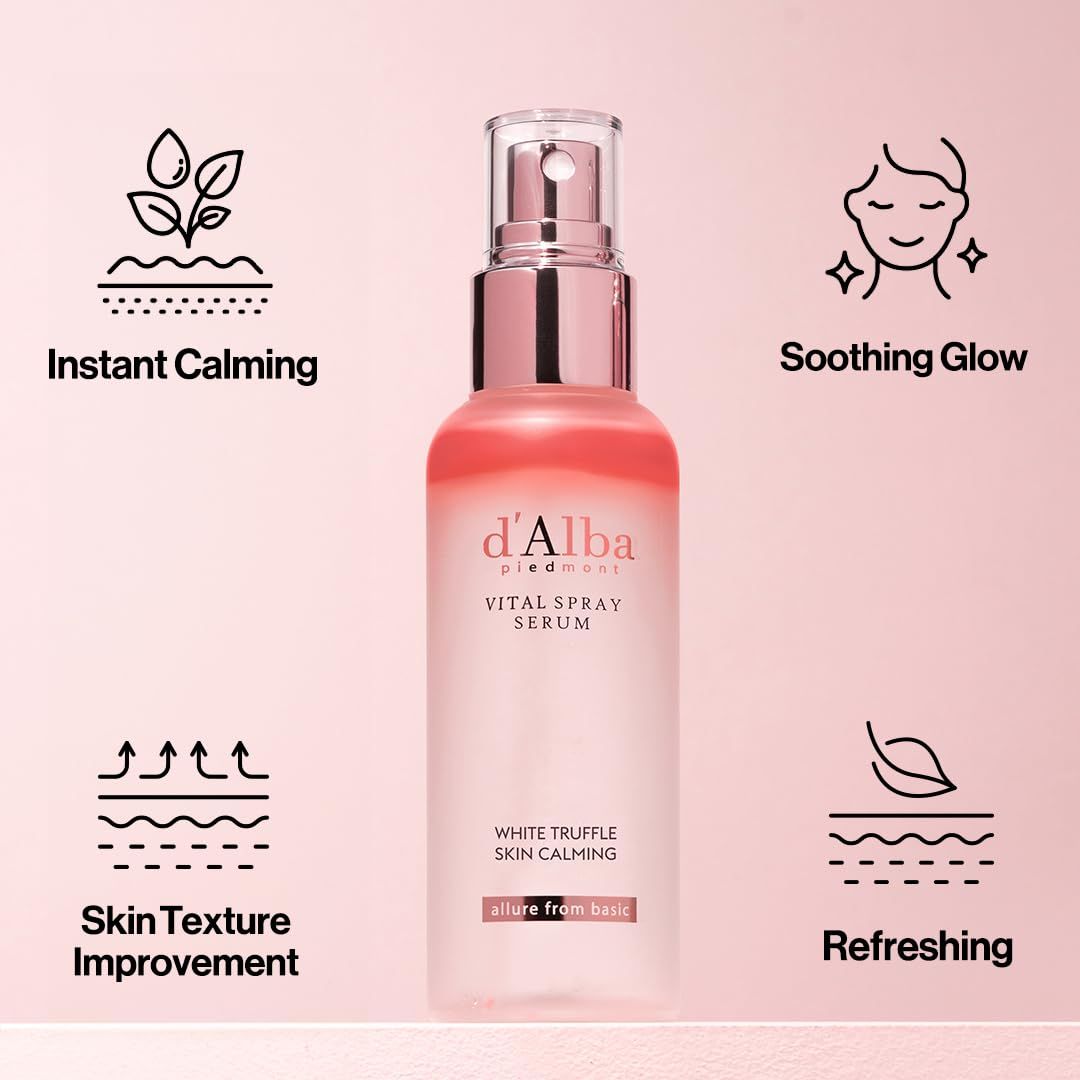 Flacone spray siero con icone: Instant Calming, Soothing Glow, Skin Texture Improvement, Refreshing.