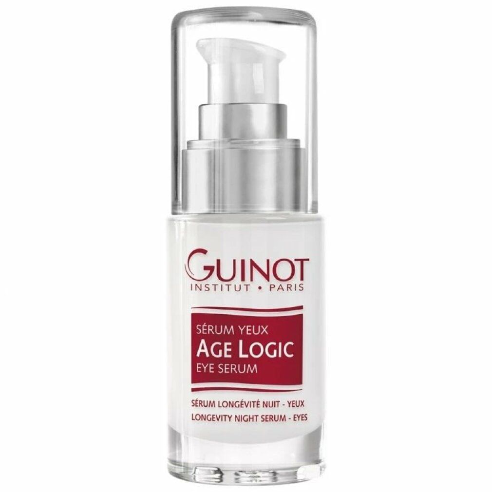 Flacone di siero con dosatore. Scritta: Guinot, Age Logic, Eye Serum. Testo: Sérum Longévité Nuit - Yeux.