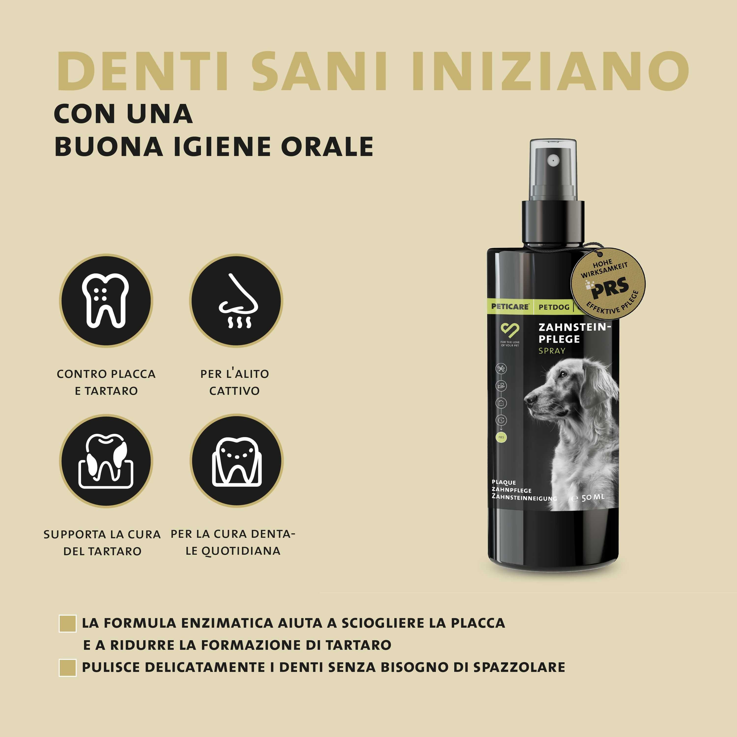 Flacone Peticare Zahnsteinpflege Spray accanto a icone per denti sani, contro l'alito cattivo e la placca.