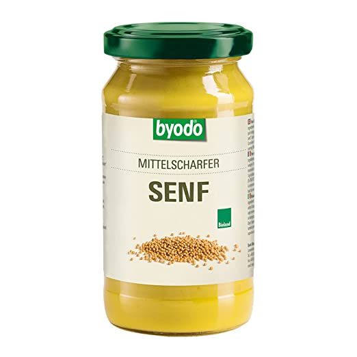 Senape media piccante Byodo in vasetto con tappo verde.