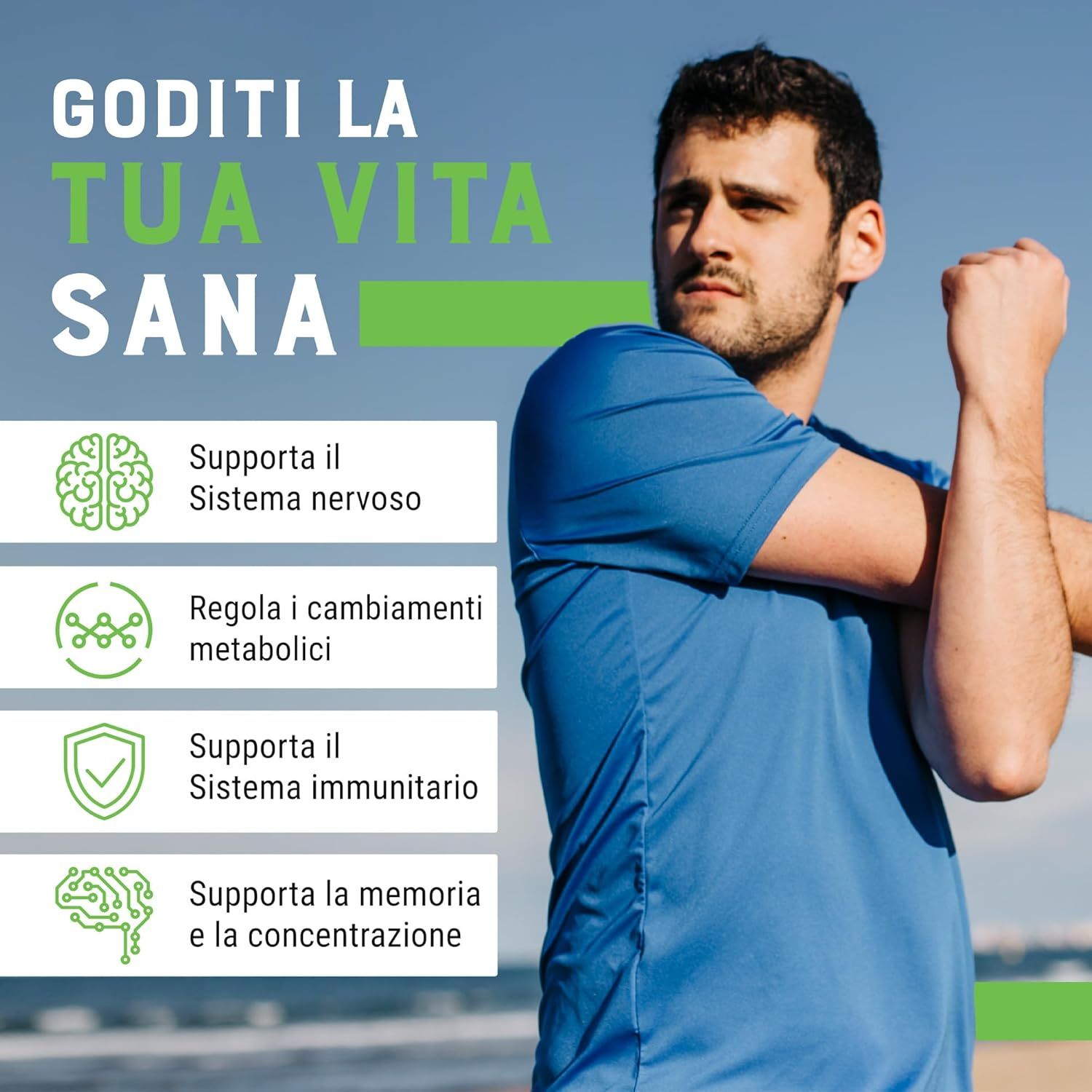 Uomo in maglietta blu. Testo: Supporta sistema nervoso, metabolismo, immunitario, memoria e concentrazione.