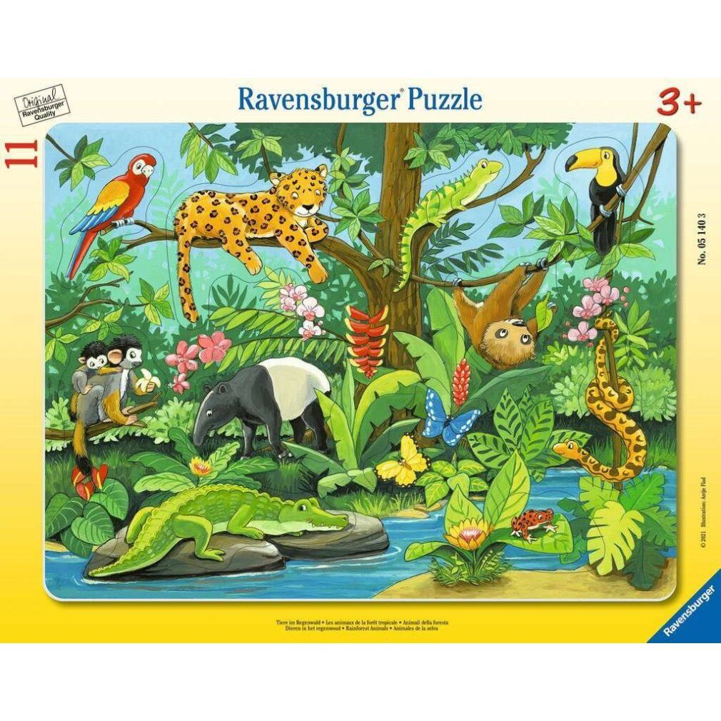 Puzzle da 11 pezzi. Scena della giungla con animali: pappagallo, giaguaro, coccodrillo, bradipo, serpente, tapiro, scimmie, tucano, farfalla. Ravensburger.