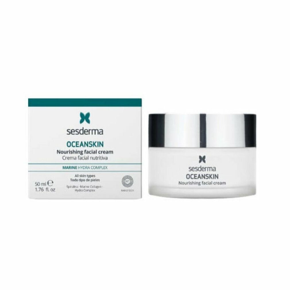 Vaso e scatola di crema. Scritta: Sesderma Oceanskin Nourishing facial cream. Marine Hydra Complex. Per tutti i tipi di pelle.