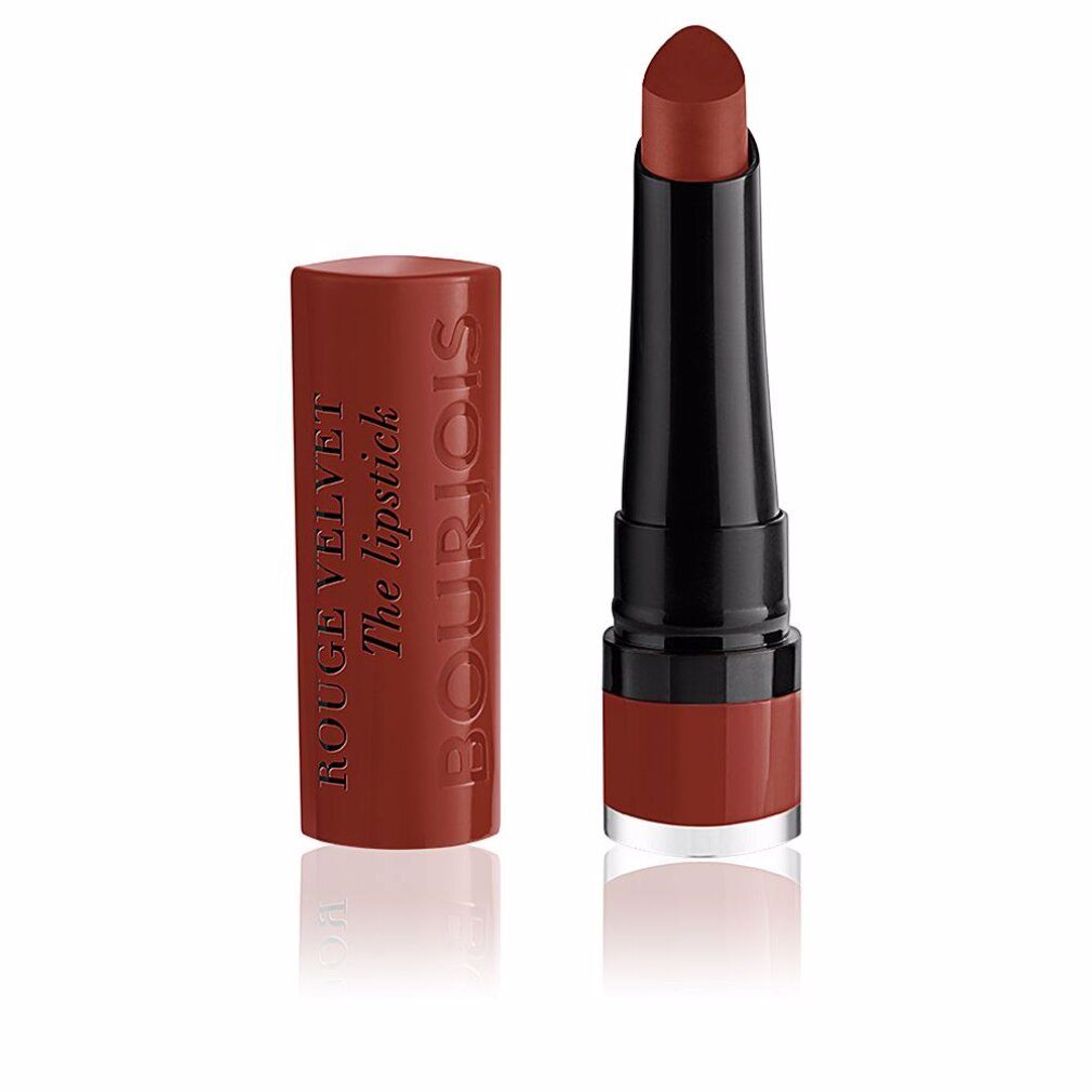Rossetto con cappuccio aperto. Astuccio e stick marrone. Stelo nero. Marchio Bourjois.