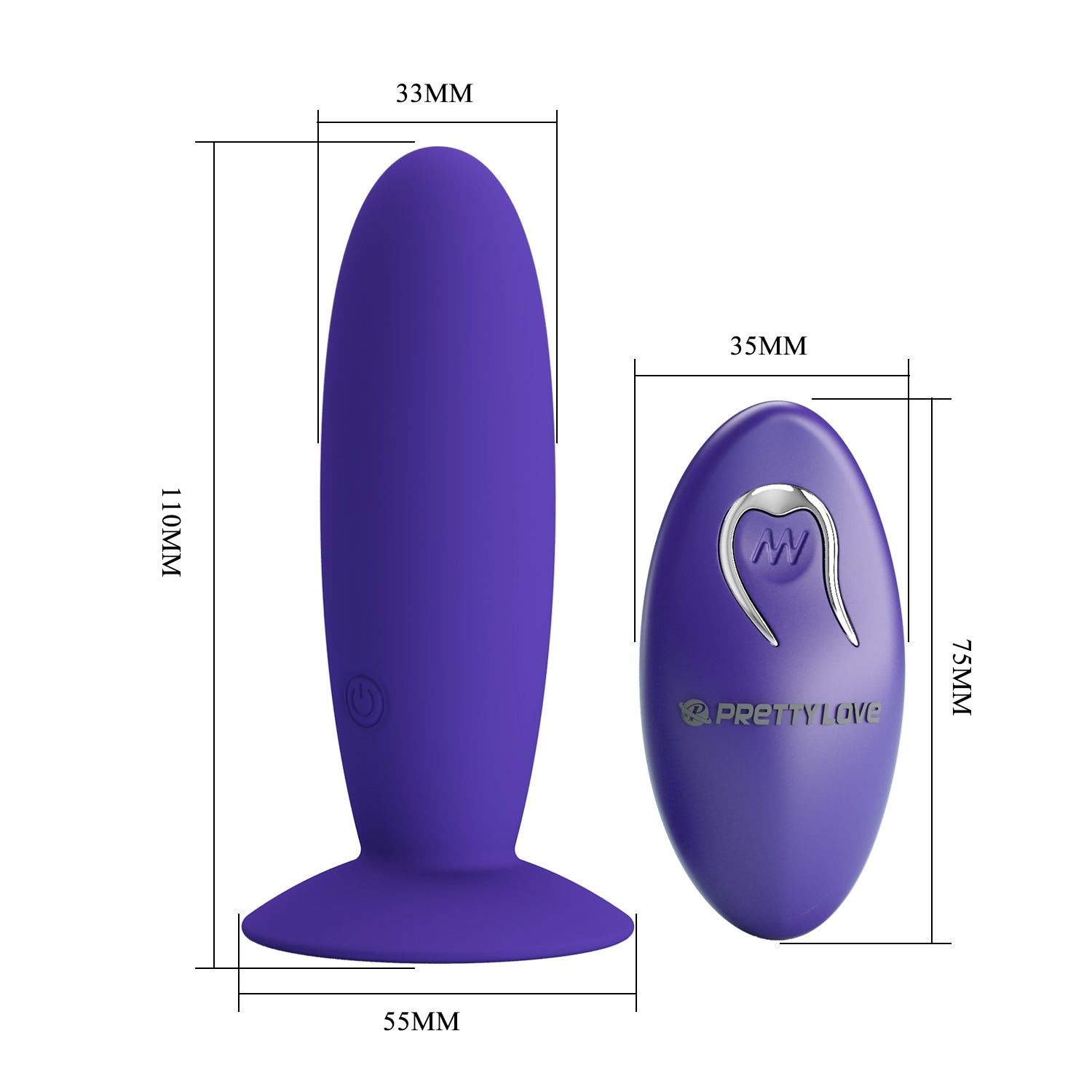 Plug anale viola con base e telecomando. Dimensioni: 110x55x33mm. Telecomando: 75x35mm. Logo PRETTY LOVE.