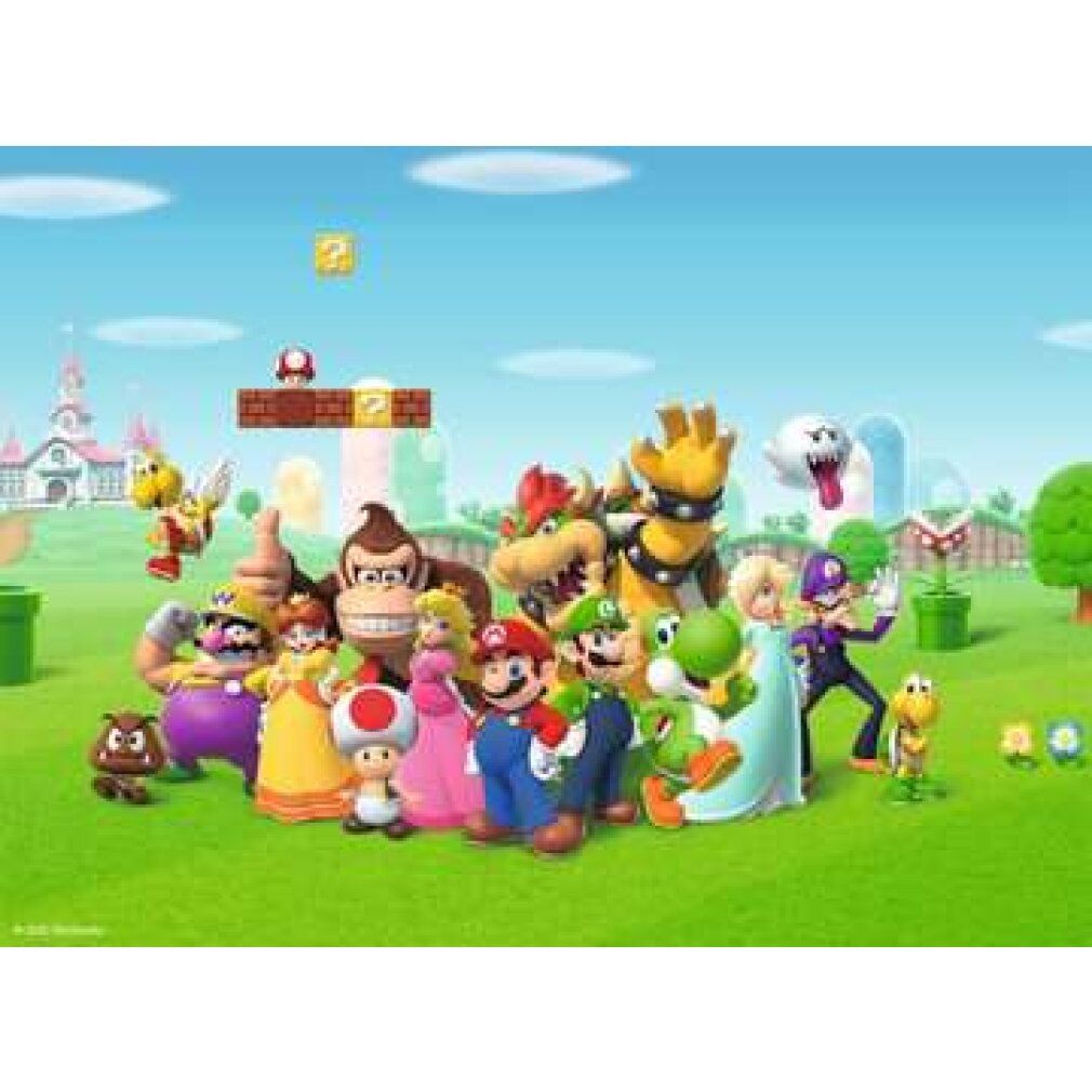Puzzle con personaggi di Super Mario su prato verde davanti a cielo blu. Personaggi: Mario, Luigi, Peach, Yoshi, Bowser, Donkey Kong, ecc.