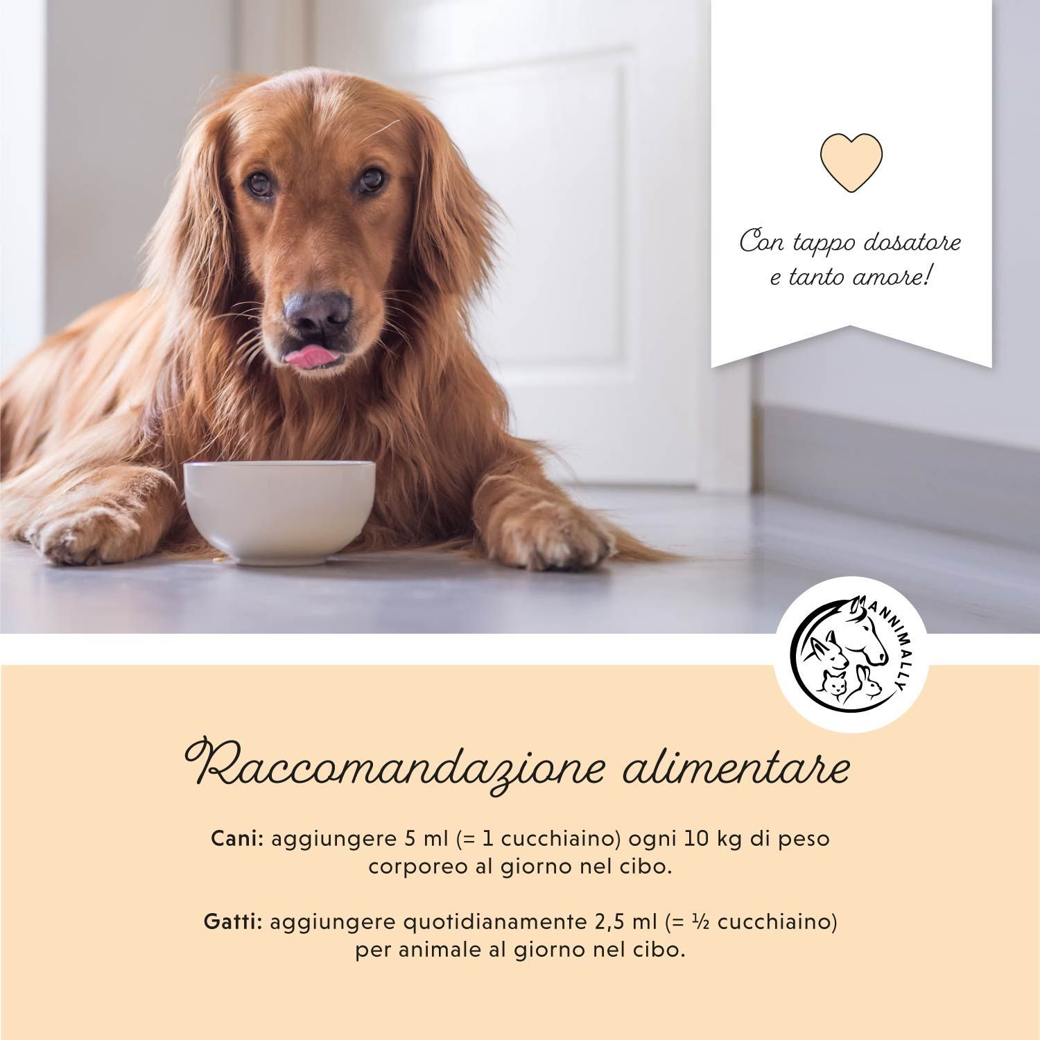 Cane con ciotola. Testo: Raccomandazioni alimentari. Cani: aggiungere 5 ml (= 1 cucchiaino) ogni 10 kg di peso corporeo al giorno nel cibo.
