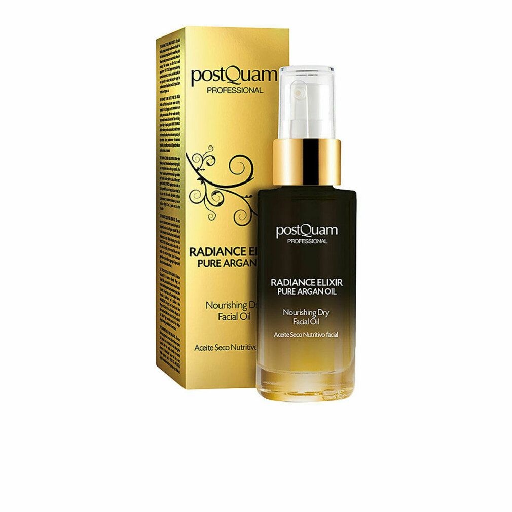 Flacone e scatola. Scritta: postQuam PROFESSIONAL, RADIANCE ELIXIR PURE ARGAN OIL, Nourishing Dry Facial Oil.