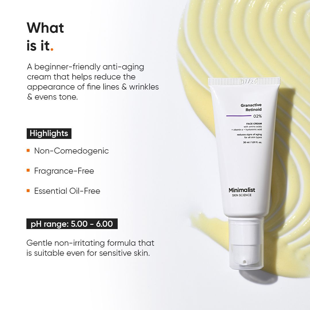 Tubo bianco con prodotto. Testo: Granactive Retinoid 02% Face Cream. Crema gialla sullo sfondo.