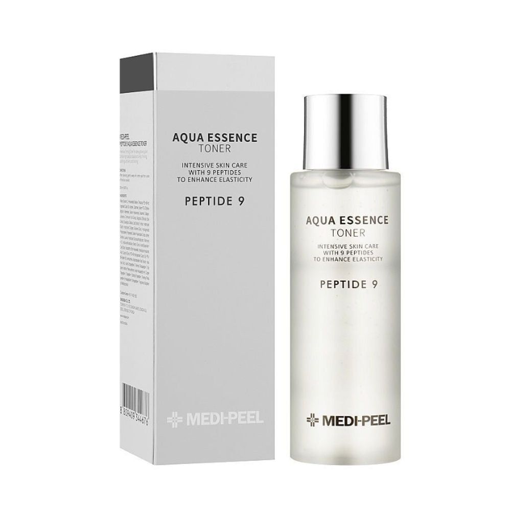 Toner Medi-Peel Peptide 9 Aqua Essence con confezione. Flacone in vetro smerigliato con tappo argentato.