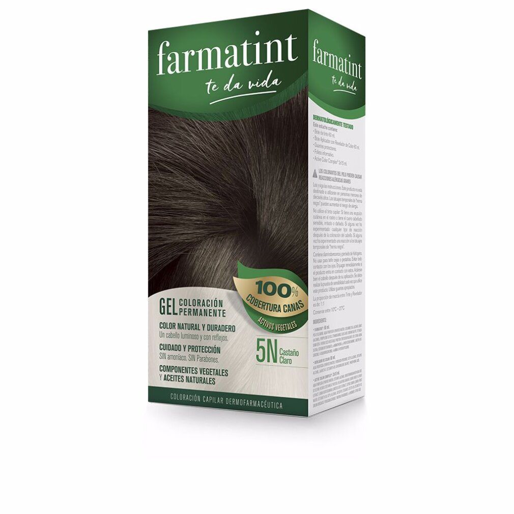 Confezione Farmatint, colorazione permanente in gel. Tonalità 5N Castano Claro. Copertura 100% capelli bianchi.