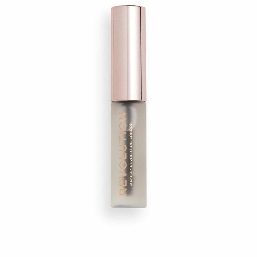 Un lucidalabbra trasparente con tappo color oro rosa. Il contenitore è in vetro opaco con la scritta "REVOLUTION MAKEUP REVOLUTION LONDON".