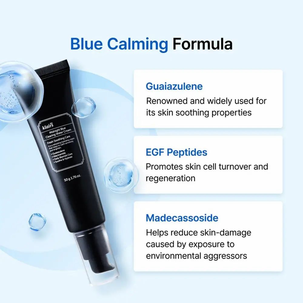 Tubo nero con informazioni prodotto. Testo: Guaiazulene, Peptide EGF, Madecassoside. Sfondo: azzurro.