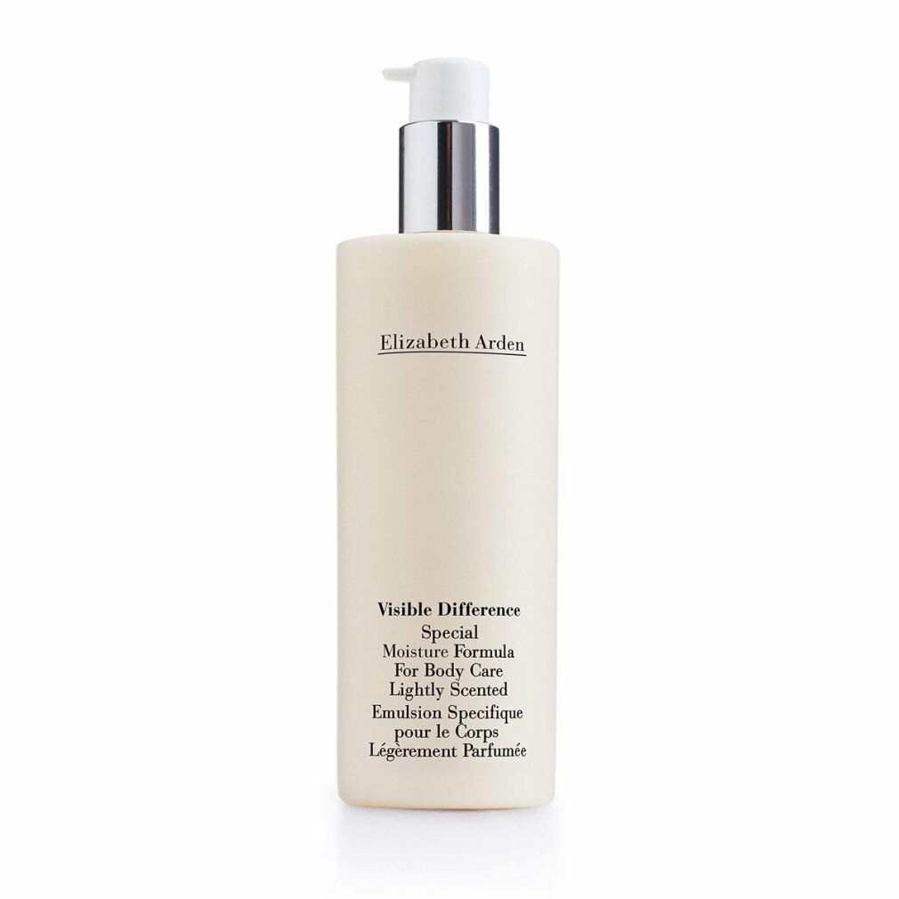 Flacone beige con erogatore argentato. Scritta: Elizabeth Arden, Visible Difference, Special Moisture Formula.