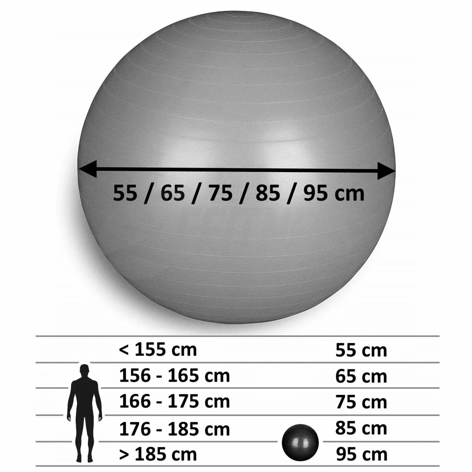 Palla da ginnastica grigia con misure: 55/65/75/85/95 cm. Una tabella mostra la misura della palla in base all'altezza.